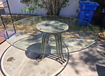 Round Glass Patio Table, Dining Table With Steel Base 🌱 ( NO CHAIRS )
