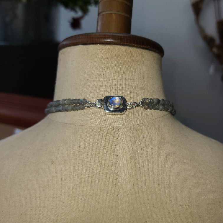 Silver Dragon Pendant Necklace W/ Labradorite And Moonstone