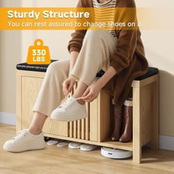 40" Shoe Storage Bench with Flip Drawers & Padded Seat Cushion, Open Compartments & Slatted Doors, Entryway Bench with Shoe Storage for Entryway, Hall
