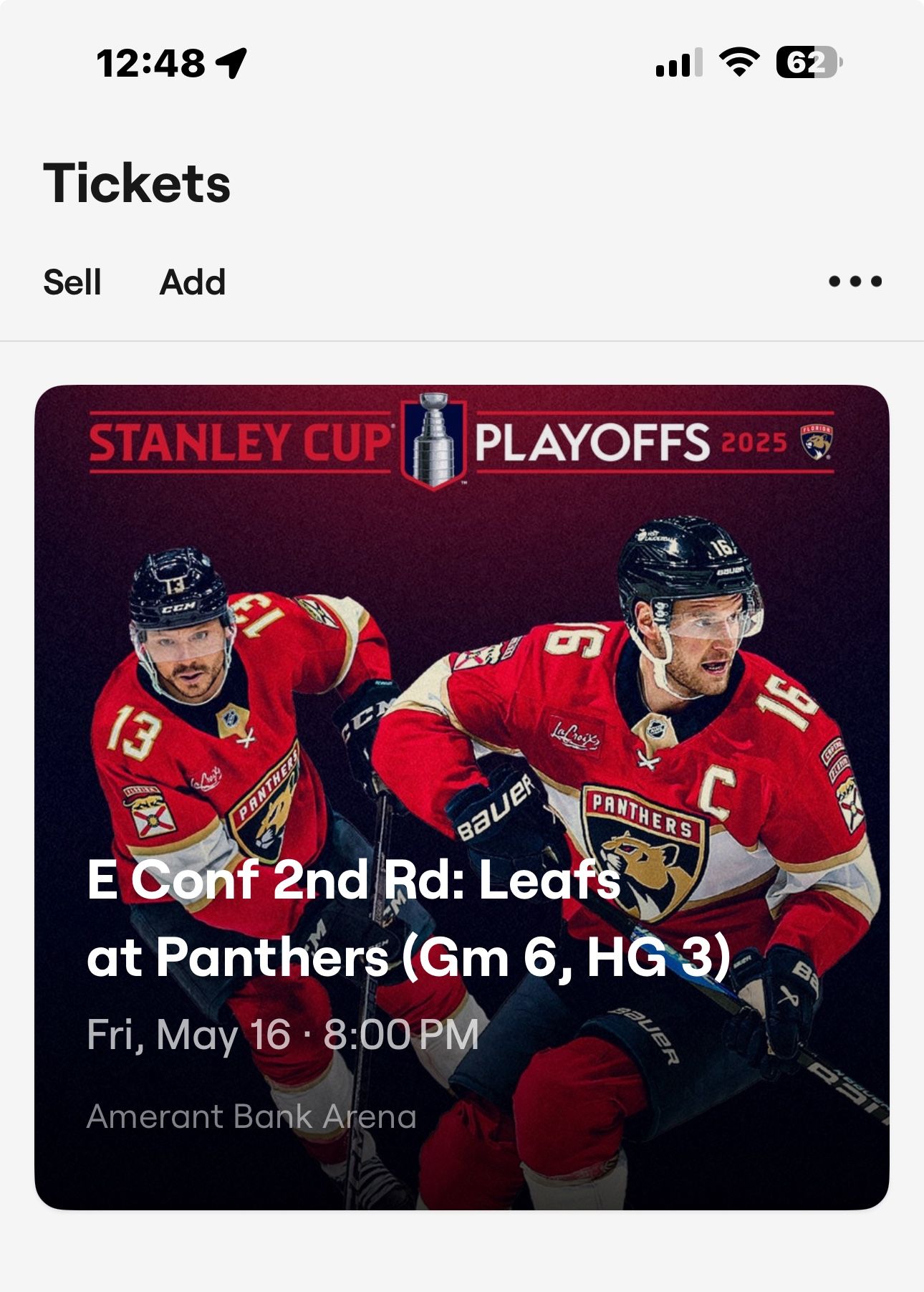 Florida Panthers Vs Maple Leafs Game 6 Club Level 5/16 Single Ticket
