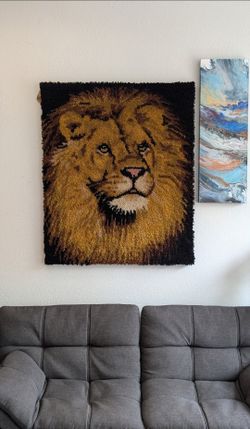 Vintage Large Lion Latch Hook Rug Wall Hanging