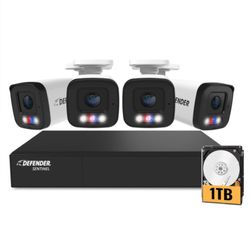 Defender AI Powered Sentinel 4k Poe Security Camera Wired System Surveillance 4 PC Cam, 8 Channel, Mobile App, Weatherproof, 1TB Hard drive, Human De
