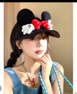 Disney Minnie Mouse Black Visor Hat w/ Ears Red Polka Dot Bow White Gloves/UPF50