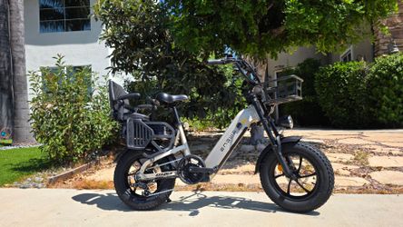 Cargo long Range Electric Bike with child seat, 2 basket, and dual batteries