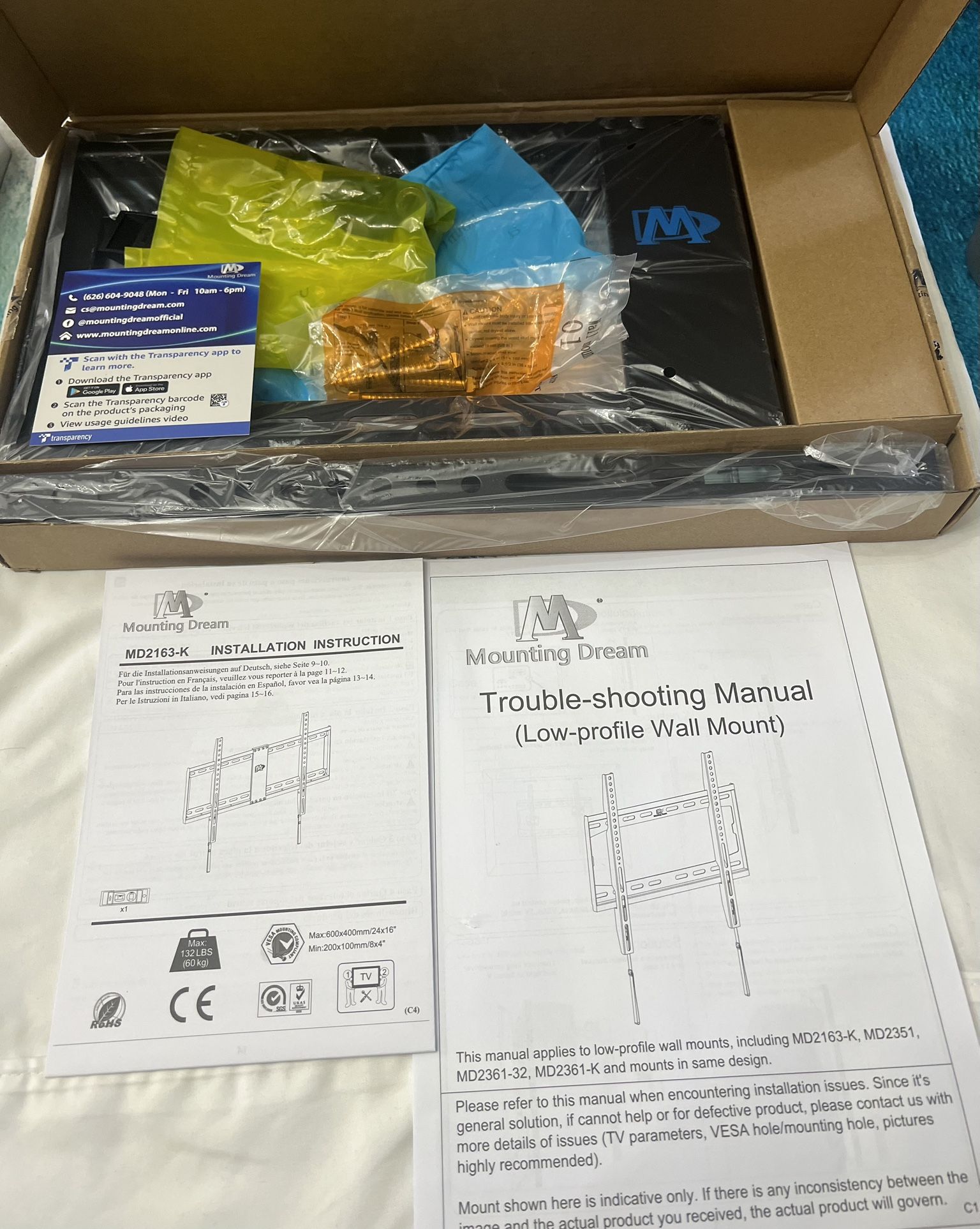 Mounting Dream TV Mount Fixed for Most 42-84 Inch Flat Screen TVs, TV Wall Mount Bracket up to VESA 600 x 400mm and 132 lbs - Fits 16"/18"/24" Studs -
