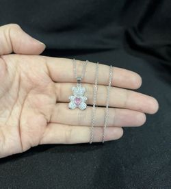 925 Sterling Silver Women Girl Pink Heart Teddy Bear & Rolo Chain