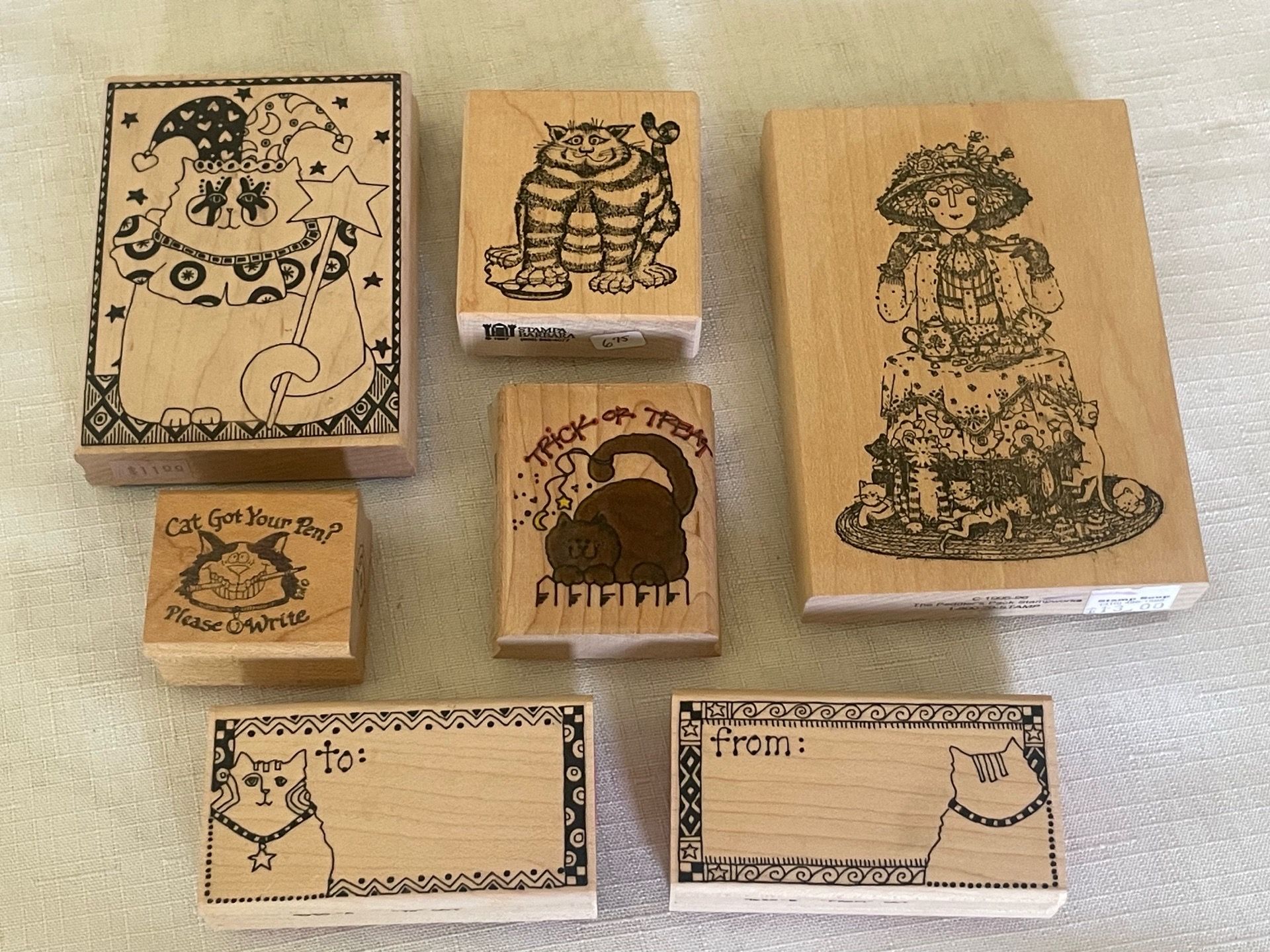 7 Vintage Wooden-Mounted Cat themed Rubber Stamps