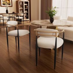 Modern Dining Chairs Set of 2, Cream Boucle Upholstered Cushions, Gold Arms, Curved Backrest