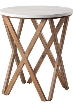 Pedestal Farmhouse End Table, White Top with 4-Legs Base for Modern Farmhouse, Boho Decor. Assembled.