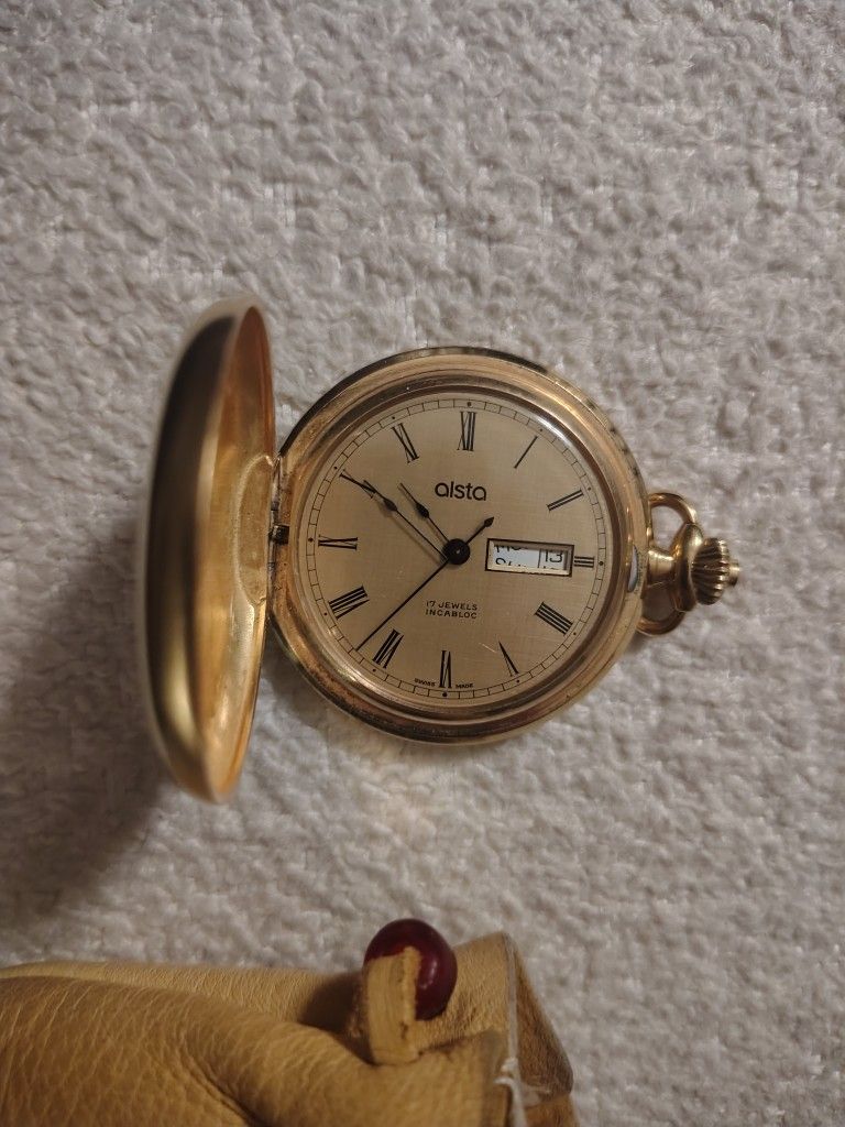 Alsta, Gold Gilded Pocket Watch, Swiss Made, Winding With Leather Pouch