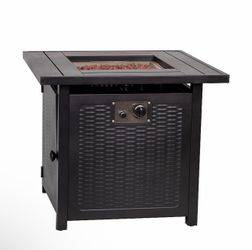 Emma and Oliver Calder 50,000 BTU Propane Fire Table with Wicker Motif Steel Base and Steel Tabletop with Included Lid, Lava Rocks, and Tank Holder