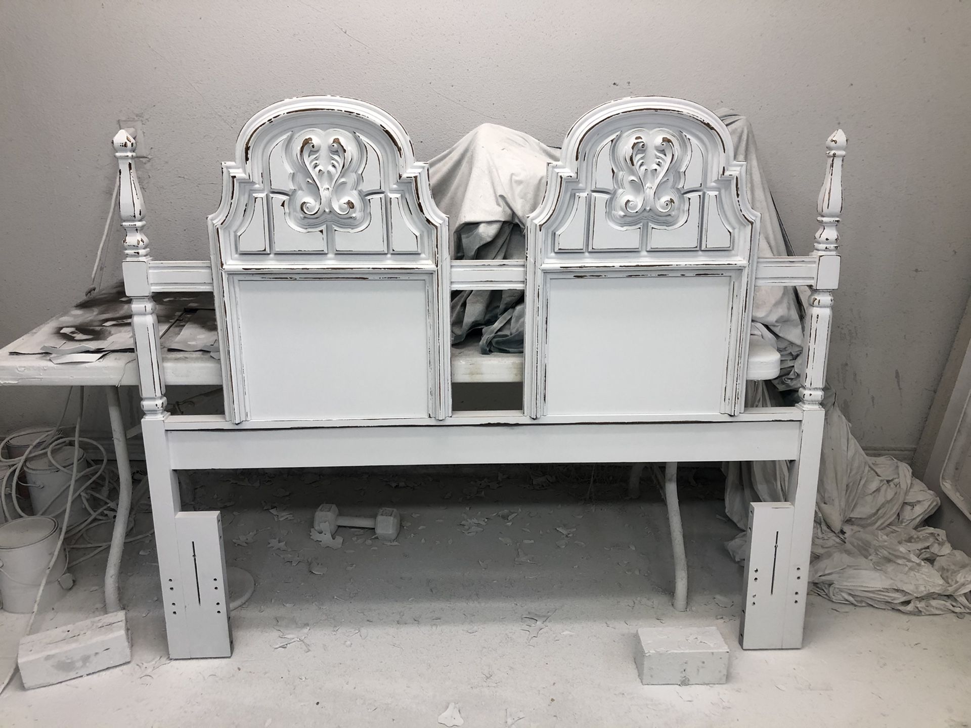 Farmhouse cottage shabby chic rustic vintage French provincial country queen full headboard and bed frame