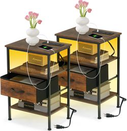 Homy Casa ANBY Nightstand Side Table with USB Charging Port and Open Shelf Storage Set of 2