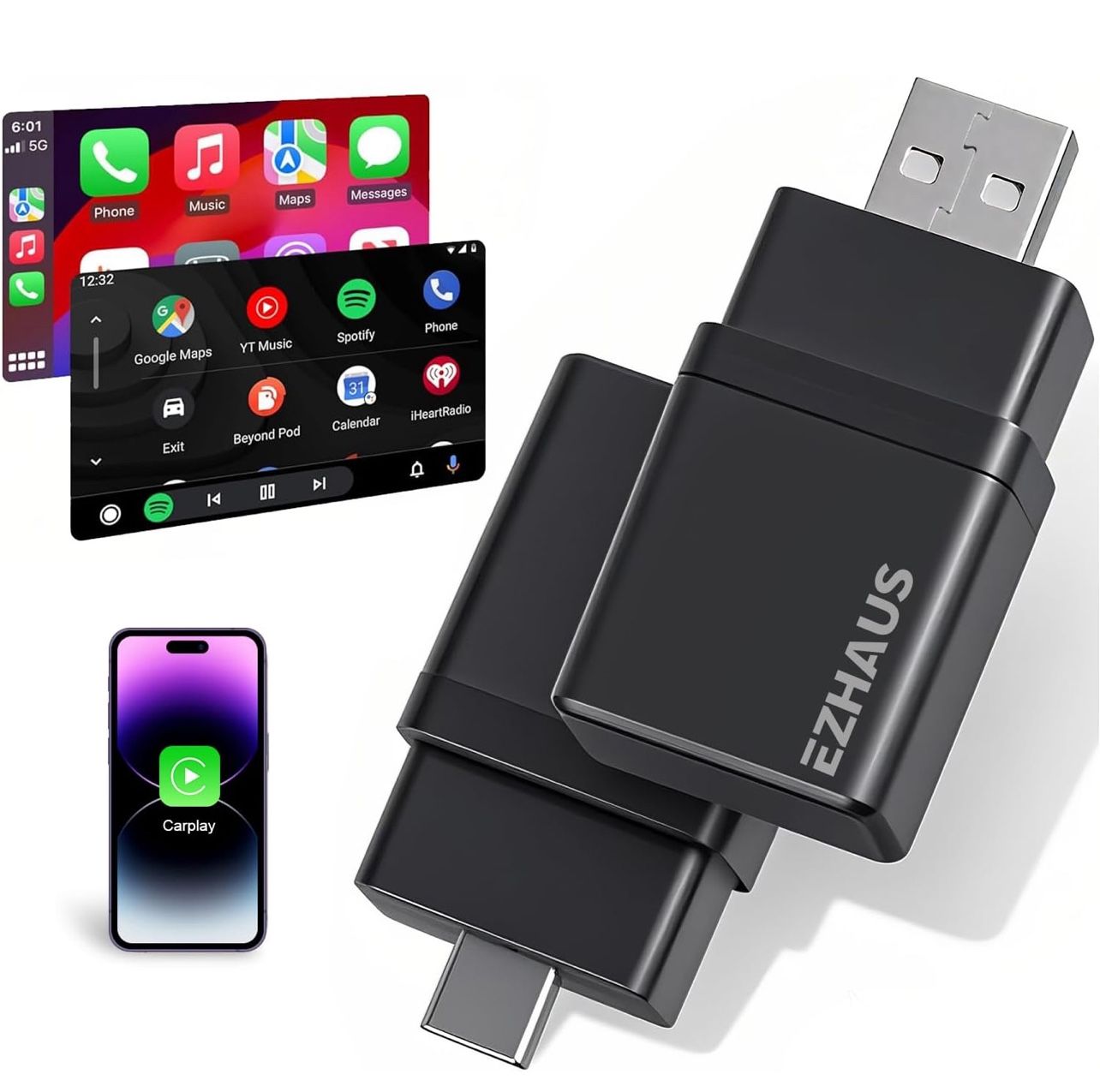 Wireless CarPlay Adapter, 2025 Upgrade Plug and Play Mini Car Play Wireless Adapter, Dual Head USB & USB-C/Type-C Carplay Dongle for iPhone iOS 10+ an