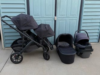 Uppababy Vista V2 double stroller + Mesa Maxx car seat (exp 12/2029) + Bassinet + Accessories