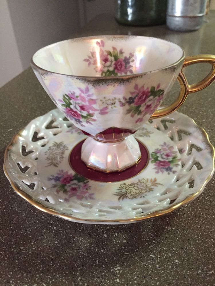 Vintage Opalescent Bone China Teacup & Saucer