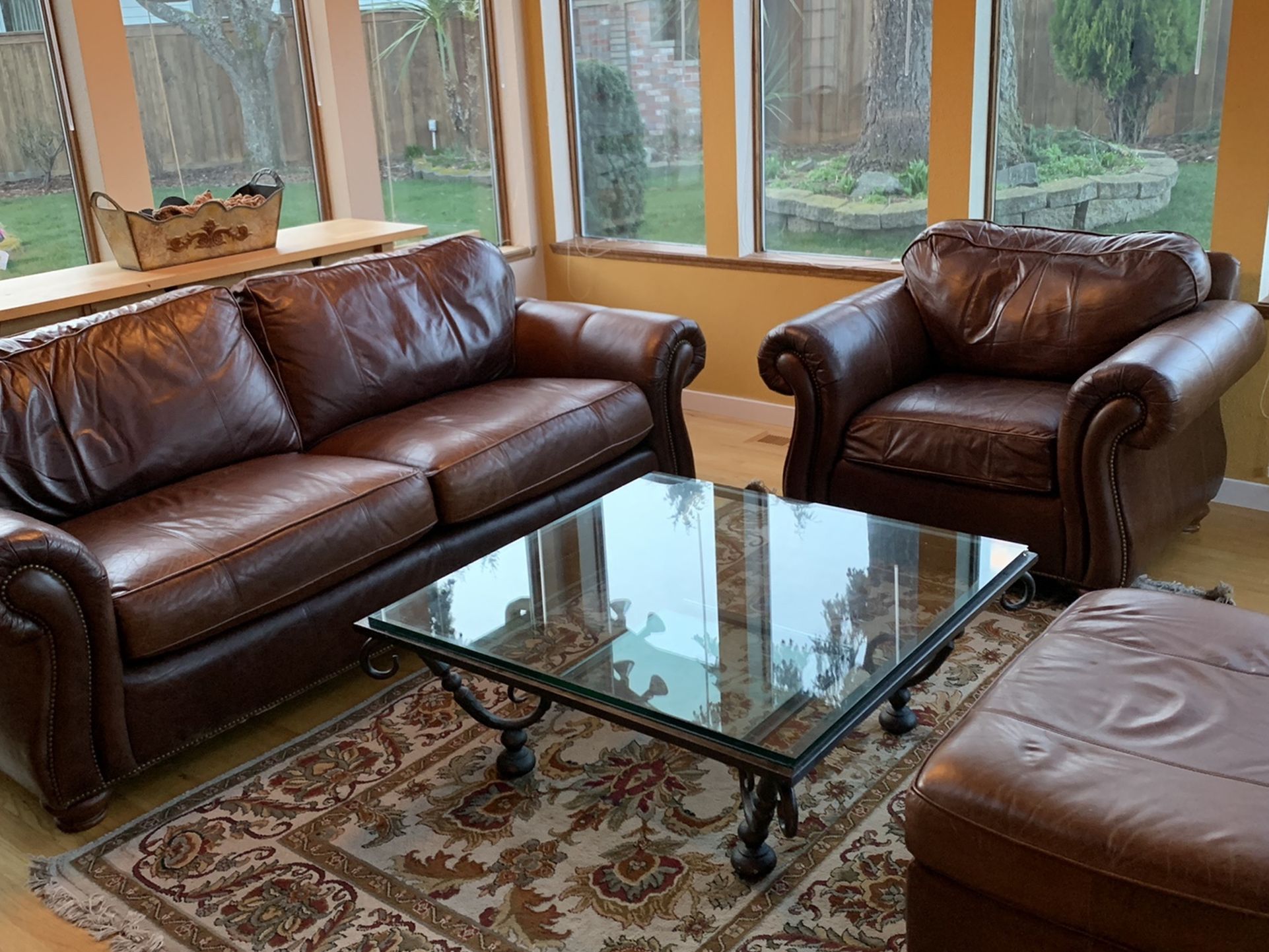 Leather Couch, Chair, Ottoman & Glass Metal Coffee Table