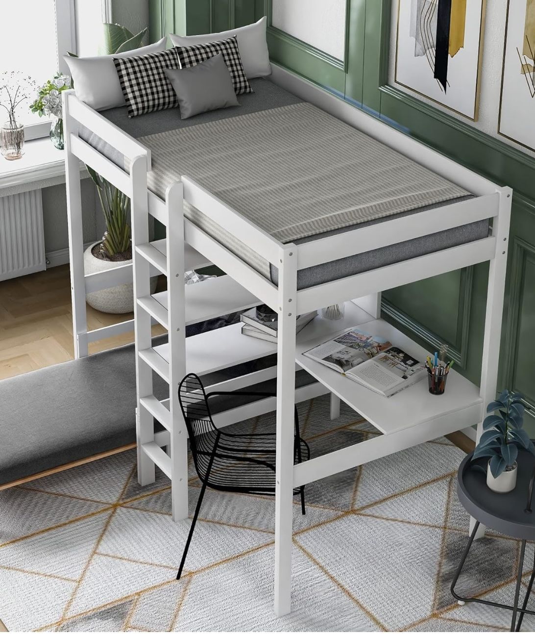 Twin Size Loft Bed with Desk, Storage Shelves and Ladder And Convertible Lower Bed
