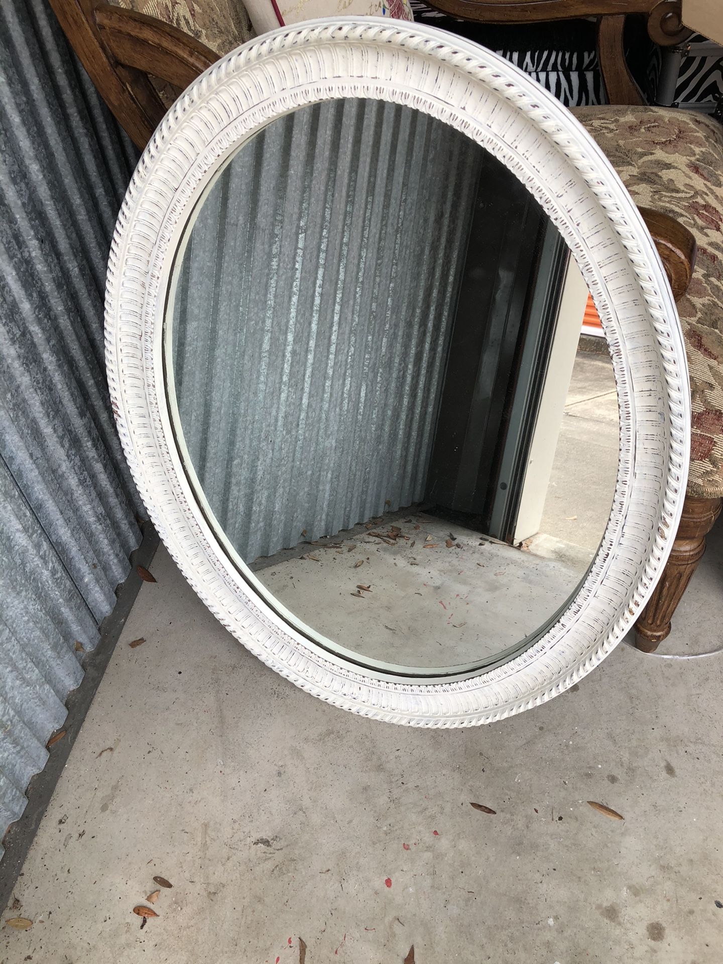 Shabby Chic Large White Oval Mirror with Wire Hangar 32” h x 25” w x 2” d