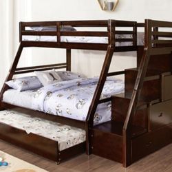 Brand New Espresso Twin Over Full Bunk Bed w Staircase (Trundle Sold Separately)
