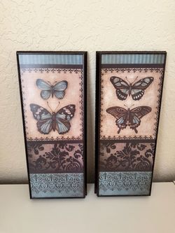 Like New Set of Two Butterfly Wall Art Pictures, Size 21 inches tall by 9 inches wide