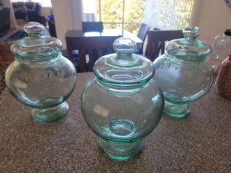 Vintage Clear Light Green Glass Apothecary Pot-Bellied Jars with Lids