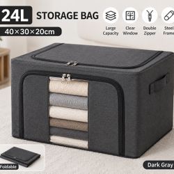24L Foldable Storage Bag with Clear Window, Steel Frame, Double Zipper, Clothes Blanket Organizer