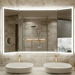 New 54 in. W x 36 in. H Tri-Fold Rectangular Framed Wall Mount LED Bathroom Vanity Mirror with 10X Magnification Mirror