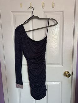 City Studio Navy Glitter One Shoulder Ruched Mini Dress (SMALL)