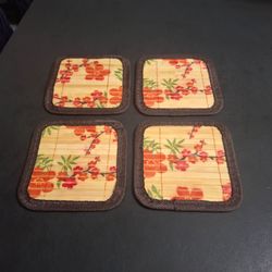 Traditional Asian Style Set Of 4 Square Bamboo Drink Coasters, With Cherry Blossoms (Sakura) Design 4.5" Square-Mint Condition