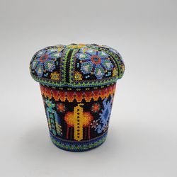 Handcrafted Mexican Folk Art Huichol Beaded Work in Colorful Design Patterns Box with lid.