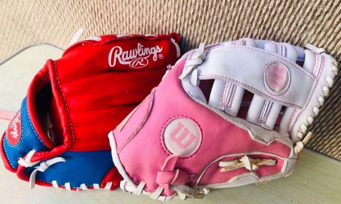 2 For $15! Rawlings Youth 9" RH Baseball Softball Glove   and Wilson 10” Youth Girls Baseball T-Ball Glove