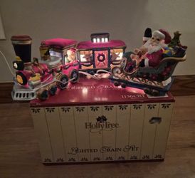 Holly Tree 3 Piece Ceramic Lighted Christmas Train Set w/ Santa on Sleigh