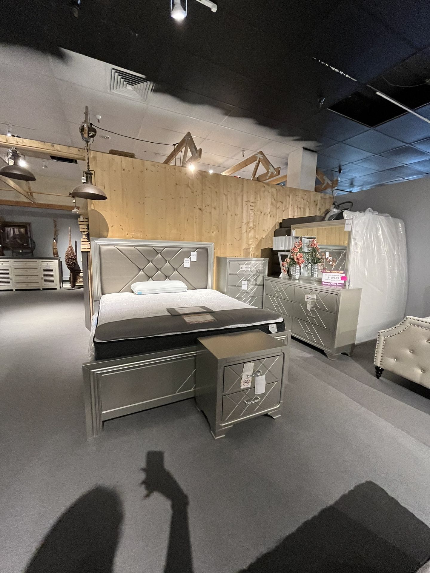 Champagne King Bed, Dresser, Mirror And One Nightstand