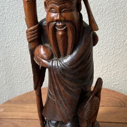Vintage Carved Wooden Figurine Of Shou Lao