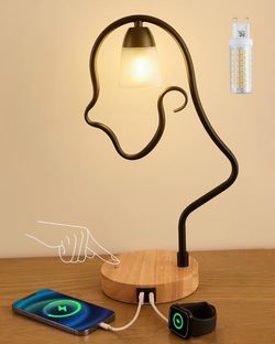 Modern Touch Unique Table Lamp, Creative Cute LED Desk Lamp with USB C+A Ports & 3-Way Dimmable