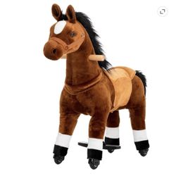 Ride on Horse Toys Mechanical Riding Pony with Wheels for 3-5 Years Old Ride on Pony Outdoor (Brown)