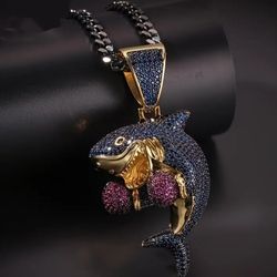 Exquisite Micro Pave 14K Gold Plated Blue Purple Cubic Zirconia Shark Pendant With 24" Rope Chain Necklace 