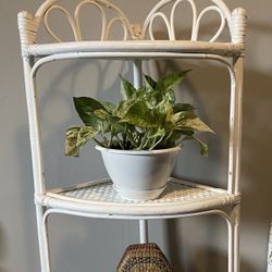 Vintage White Wicker Corner Shelf 