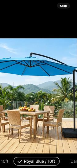 Brand new Royal blue 10-Foot Patio Offset Umbrella with Base, Cantilever Hanging Market Umbrella for Outdoor Use, Featuring a Crank And Cross Bases, S