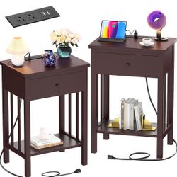 Homykic Nightstand with Charging Station Set of 2, Bamboo Bedside Table Set with USB Ports and Outlets, Night Stand End Table with Drawer for Bedroom,