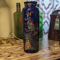 Kutani Vintage Japanese Porcelain Blue Enamel Vase Pheasant Bird Gold