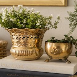 VINTAGE Lot 2 BRASS FRETT WORK PLANTER Ornate Antique Pierced Cachepot Hearts Lion Feet Footed Mid Century Table Decor Collectible Plants Retro Victor