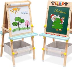 Kids Easel with Paper Roll Double-Sided Whiteboard & Chalkboard Standing Easel with Numbers and Other Accessories for Kids and Toddlers (with Abacus)