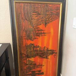 "Galleons at Sea" framed oil painting created by Vanguard Studios in the 1960s. 