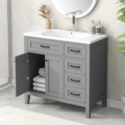 36” Gray Bathroom Vanity & Sink  w/ Drawers & Storage Cabinets (FAUCET NOT INCLUDED) [NEW IN BOX] **Retails for $550 ^Assembly Required^ 