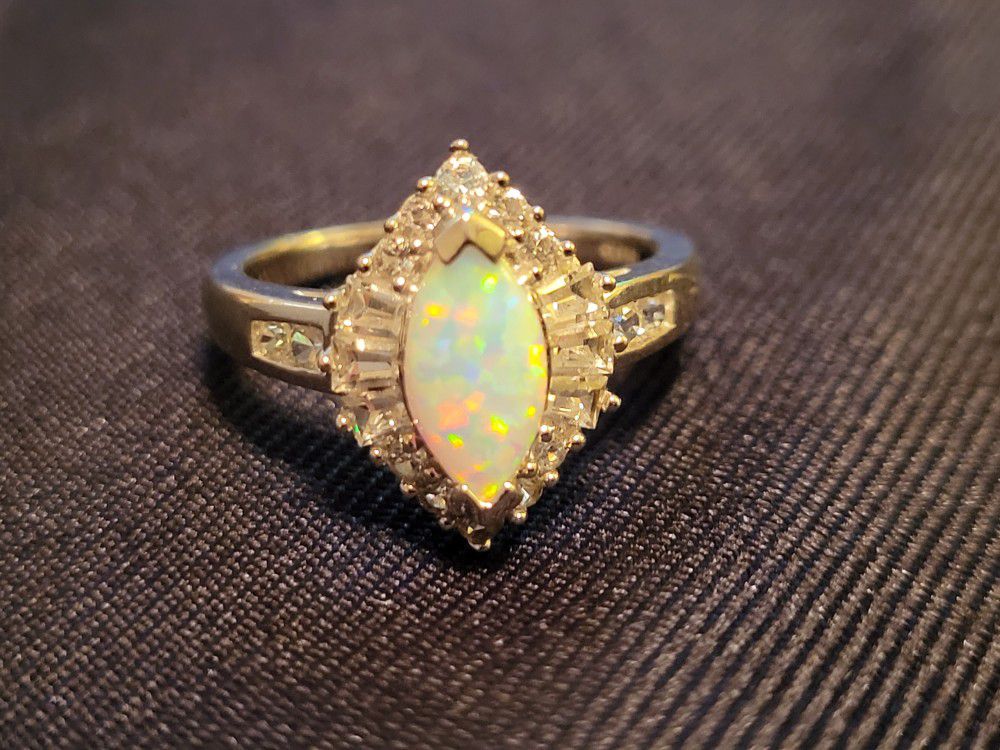 Marquise  Opal and White Sapphire Starburst Frame Ring in Sterling Silver


