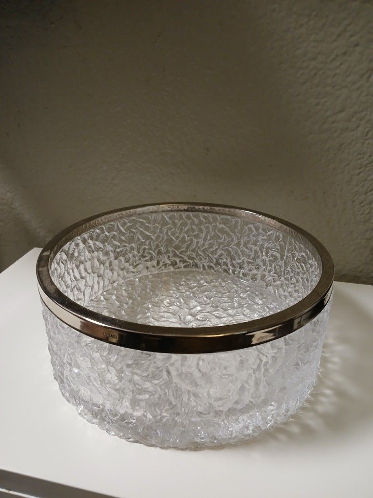 Large Silver Plate Rimmed Marked England Texture Glass Bowl
