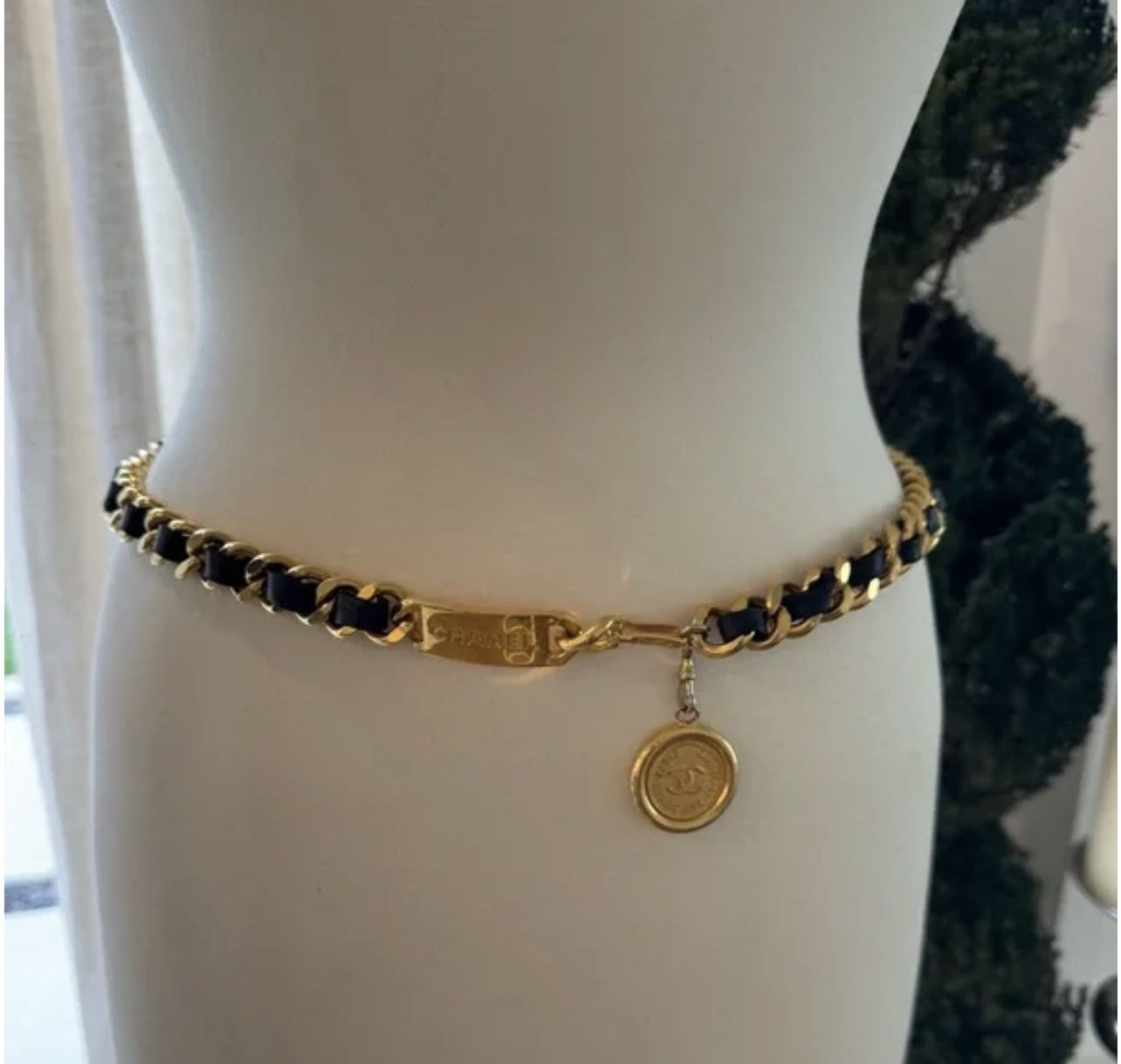 Chanel Goldtone Chain Belt with Black Leather & Charm - 32” Chanel Chain Leather Belt main image 3