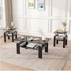 Modern Glass Coffee and End Table Set with Black Legs